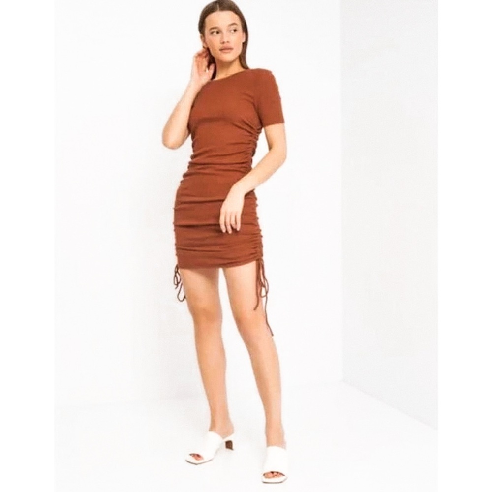 Zara Brown Ruched Drawstring Side Short Sleeve Bodycon Dress Womens Size M.